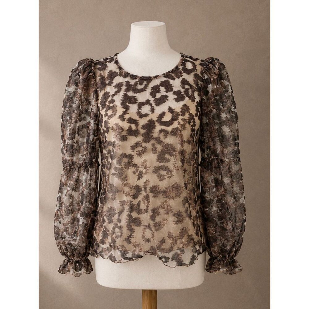 Anthologie Eva Franco XS Sheer Leopard Burnout Blouse NWT Puff Sleeve Brown